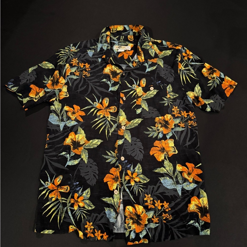 Joe Marlin Hawaiian Shirt Large Black Orange Floral Tropical Boho